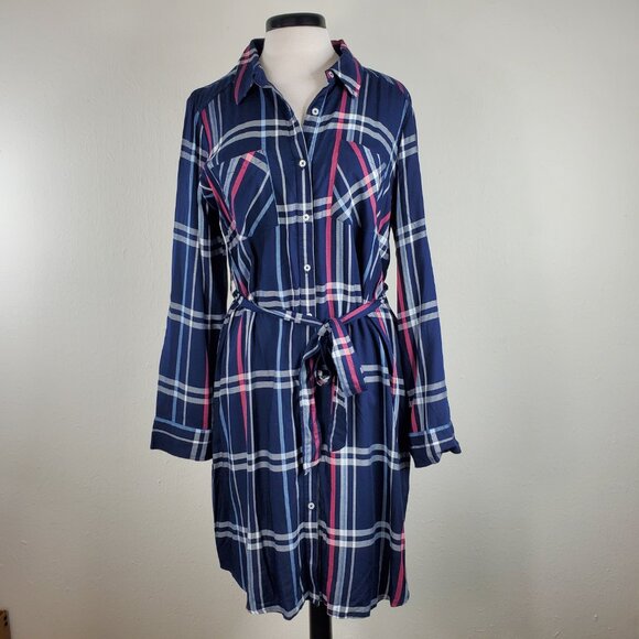 Motherhood maternity blue plaid dress large belted Roll Tab Sleeves pockets NWT - Picture 3 of 9
